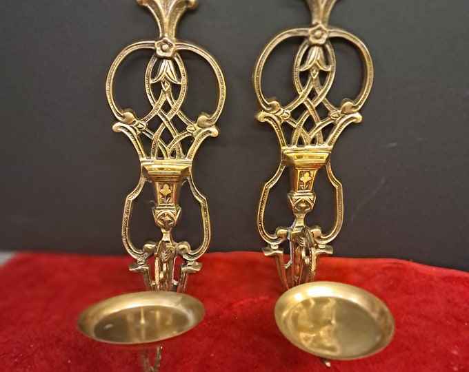 2 Vintage Solid  Brass Fleur De Lis Brass Wall Sconce Candle Holders