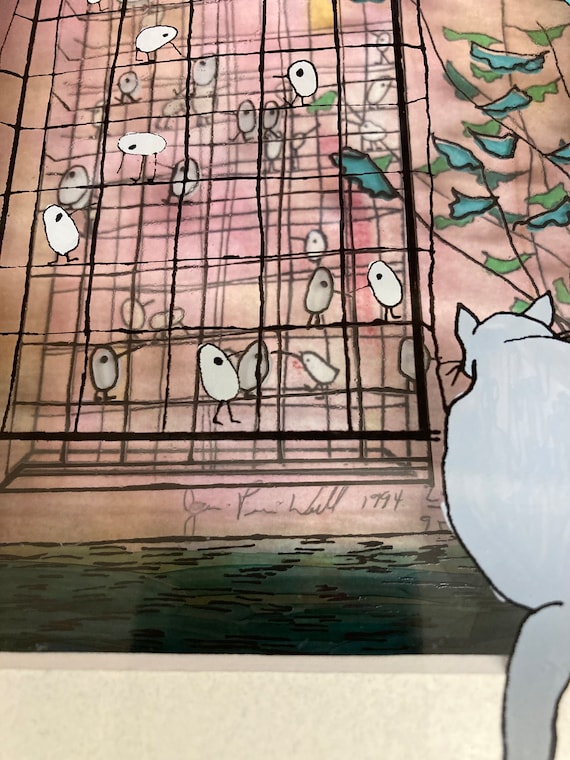 ジャン・ピエール・ウェイル「Birdcage」3Dガラス絵 額装 90 Jean-pierre Weill. 3 Dimensional Glass Artwork, Cat & Bird Cage - Etsy