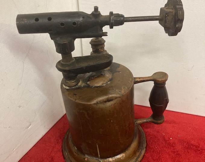 Rustic Vintage Industrial , Antique Blow Torch With Brown Color Wood Handle