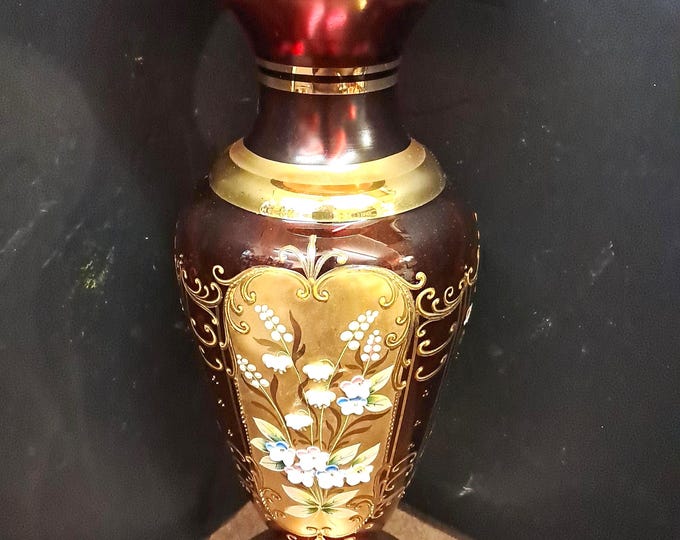 Vintage Bohemia Crystal Glass Vase Gold Gilt Hand Painted  ,Czechoslovakia