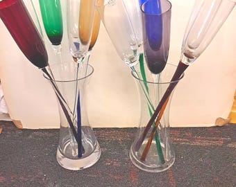 Set of 6 Hand Blown Champagne Flutes, Multi-Color Long Stem Glass,, With  vase .Beach Wedding
