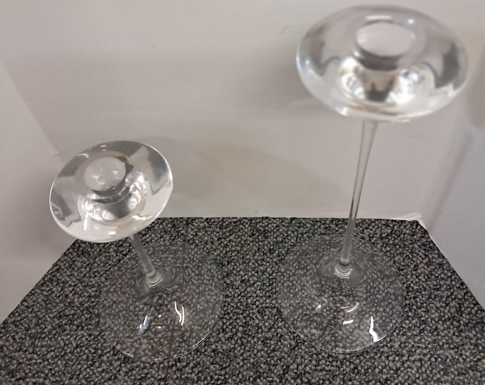 2 Kosta Boda Fanfare Hand Blown Signed Kjell Engman Candlesticks Long Stem