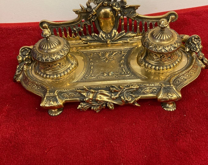 Antique Brass Double Inkwell, Foliage Design, Circa 1900