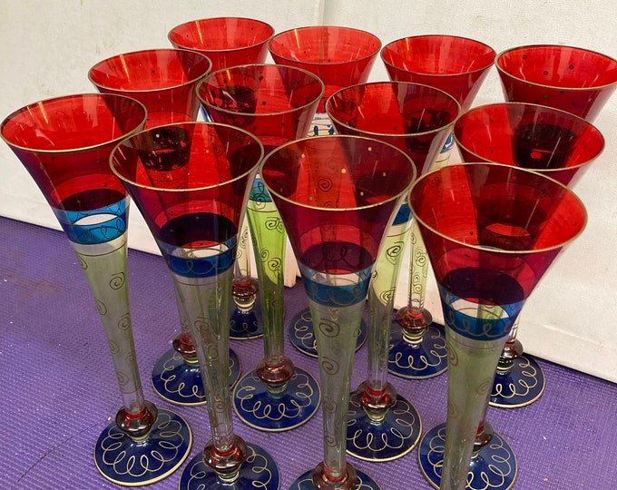 Murano Champagne Flutes, Set of 12, Hand Blown Venetian Style