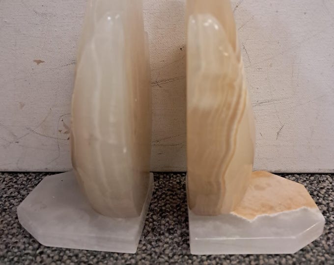 RARE Vintage Hand Shaped White Carved Onyx Marble Stone Bookends Set