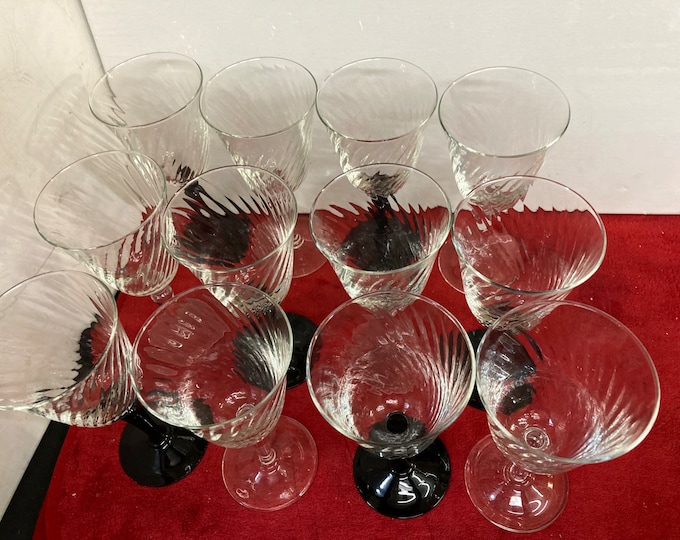 Vintage Luminarc Wine Glass Set, France, Swirl Design, Black Stem