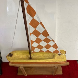 Vintage Handmade  Wooden Sailing Boat with Stand