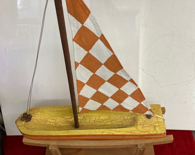 Vintage Handmade  Wooden Sailing Boat with Stand