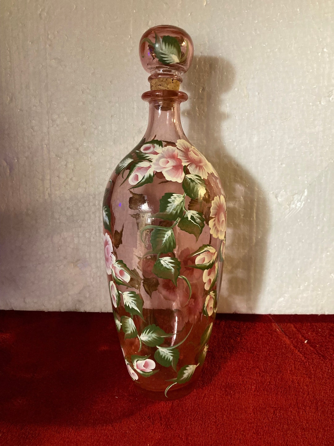 Vintage Hand Painted Floral Glass Bottle With Matching Stopper - Etsy