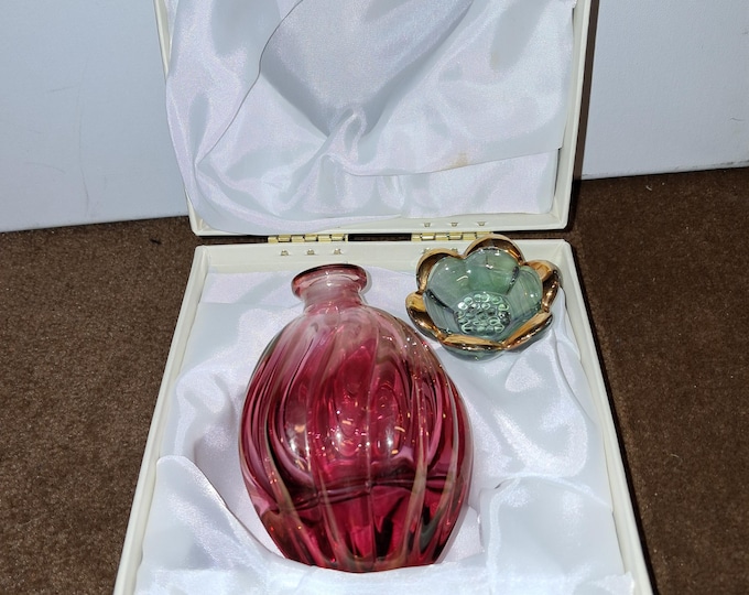 SC Line Perfume Bottle Italy Lead Crystal Red Flower Stopper 1980s