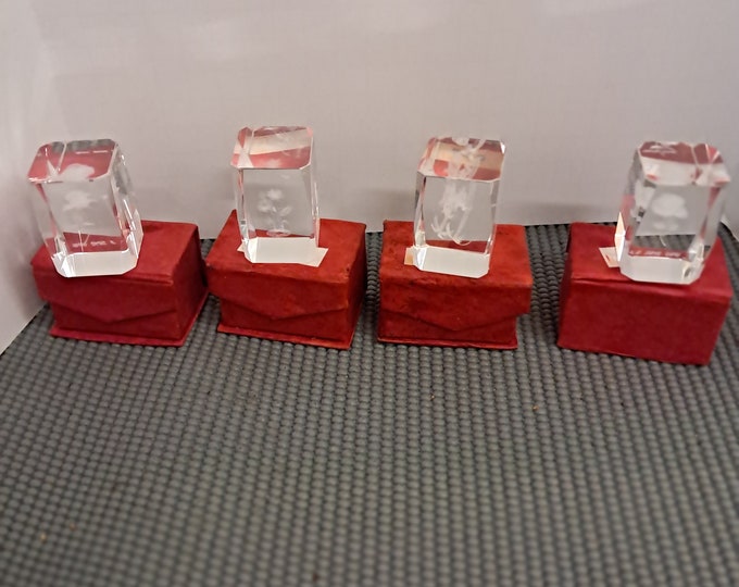 Four Laser Etched  Art Glass Cube  Paper Weight Art Deco