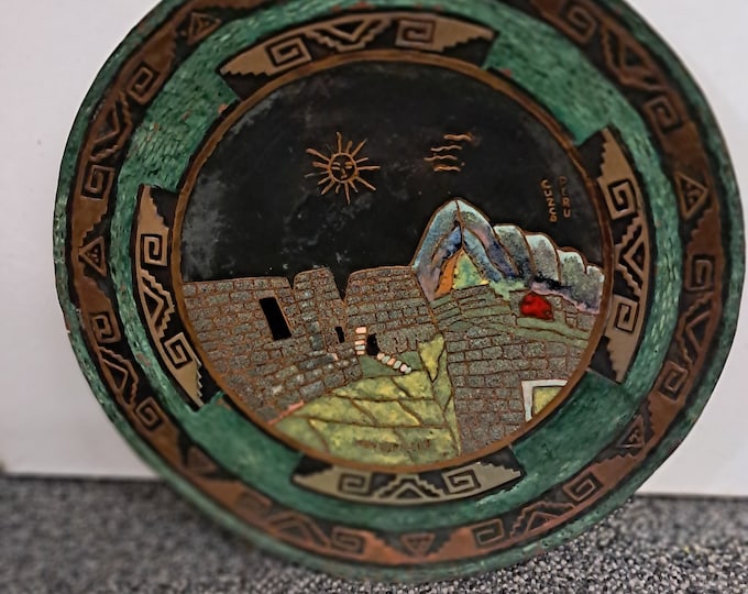 Vintage Peruvian Folk Art Plates: Hand Painted Inca Geometric Design