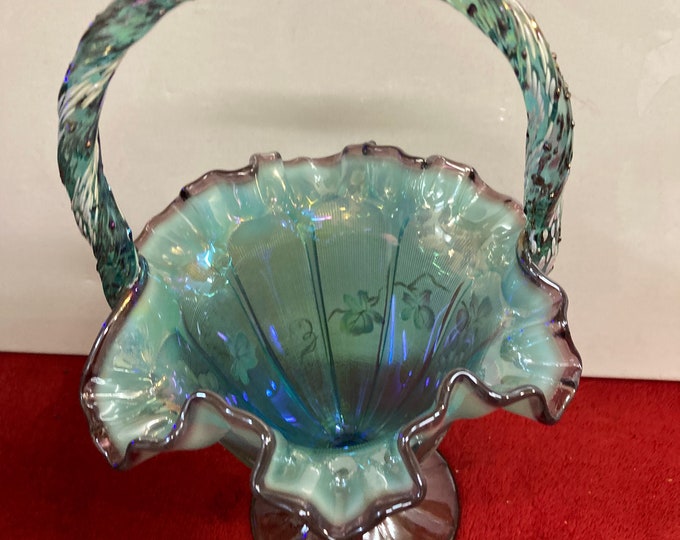 Fenton Glass Persian Blue Opalescent Hand Painted Paneled Basket, Artist Signed