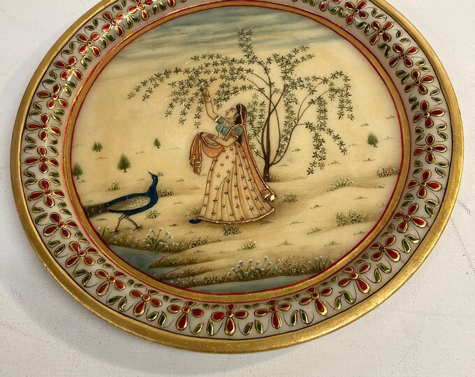 Hand Painted Indian  Miniature on Marble Plate ,Featuring Peacock and Princess