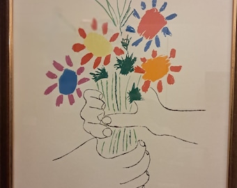 Pablo Picasso Vintage 1995 Modernist Lithograph Print Framed Poster &quot; Bouquet of Peace &quot; 1958