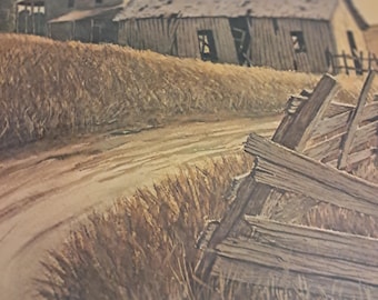 Alfred Owels&#39;  The Old Fence  & Road Ends Vintage Framed Art Print