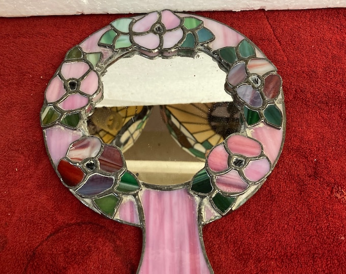 Vintage Hand Crafted Stained Glass Floral Hand / Wall Mirror