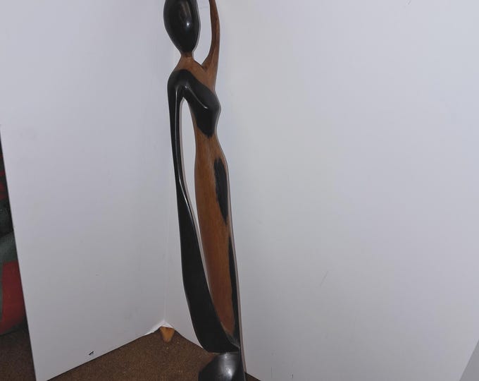 Tall Handcarved   Wooden African   Woman  Statue Carring Vase