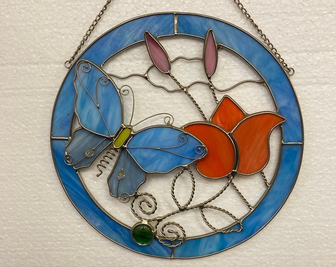 Butterfly and Rose  Stained Glass Wall Art
