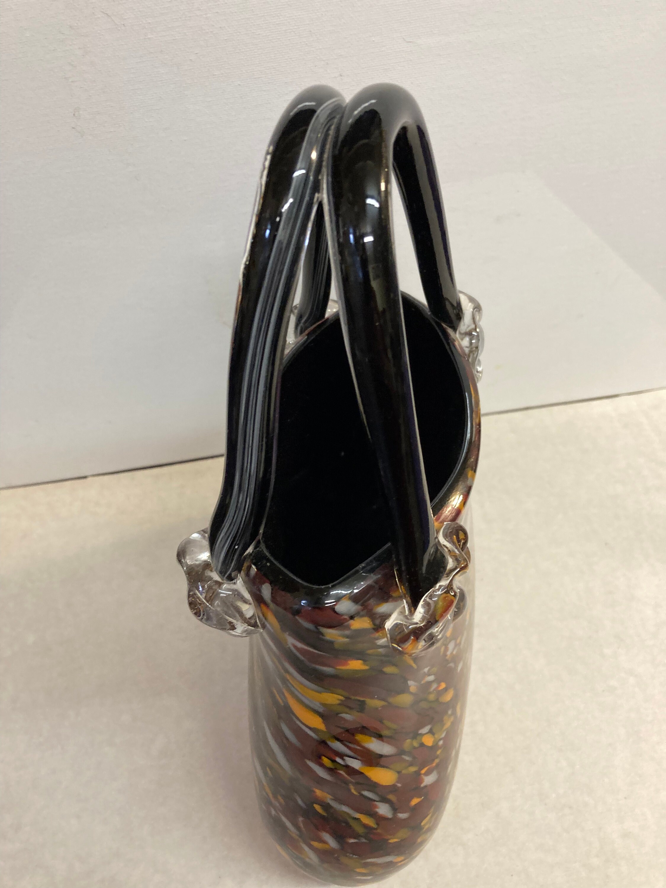 Block Crystal /hand Made Blown Glass Purse Vase. Amber Confetti Design