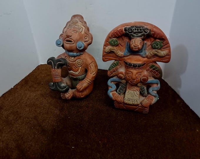 Vintage  Aztec Inca Mayan Mexico Folk Art Pottery Red Clay Figures