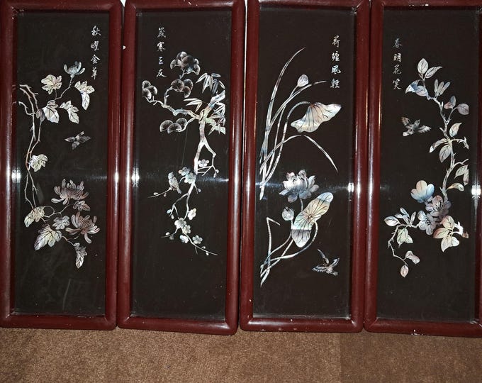 Four Vintage Japanese Mother of Pearl panel Art
