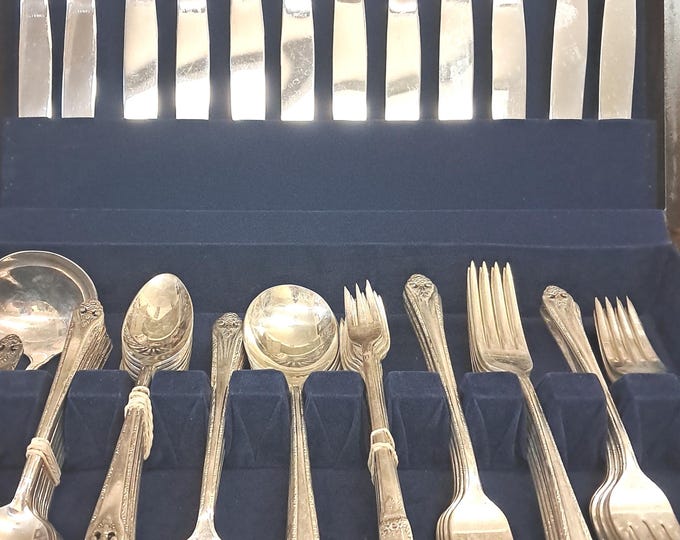 Sterling Silver Inlaid Silverplate Flatware Set for 12 - Holmes & Edwards - WWII Era