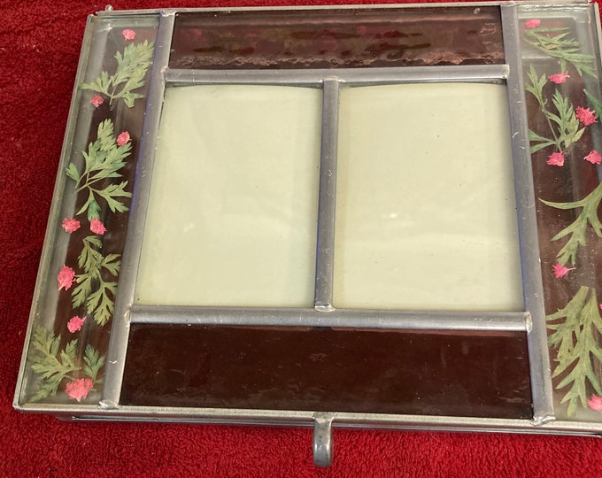 Vintage Stained Glass Jewelry/Trinket Box w/Fused dried flowers - Holds 2 Photos