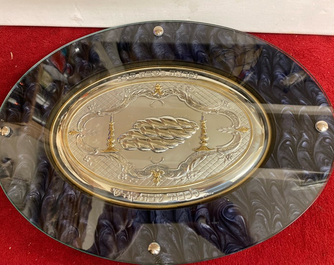 Camilletti . 925 SP Silver Oval Challah Tray, Black Marble with Silver  Design