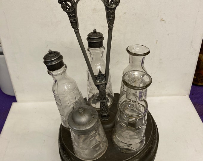 Antique BROOKLYN SILVERPLATE CO.Quadruple Silverplate 5 pc Cut Crystal & Silver Plate Condiment Set