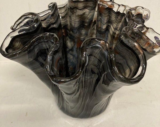 Lavorazione Arte Murano Ruffled ~ Black/White/Gray Swirl Glass Vase