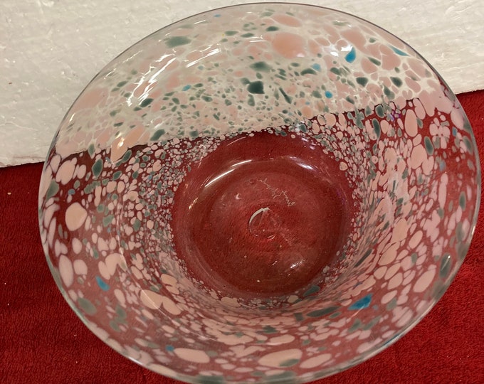 Hand Blown Signed Art Glass Bowl Dish Speckled Pink And Blue