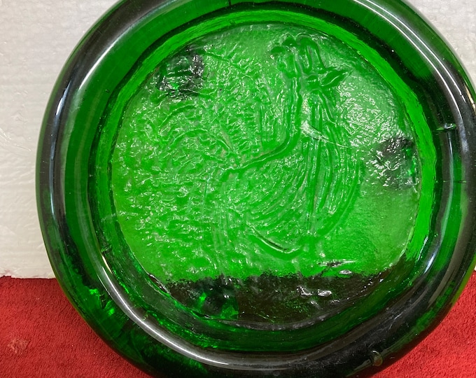 Vintage  MCM Blenko Heavy Glass Large Round Rooster Ashtray/Centerpiece  Emerald Green