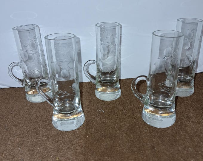 Retro Clear Glass Double Shot Glass Hand blown Floral Etched Mod