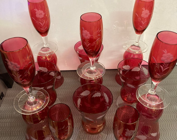 Vintage Cranberry Red Etched Floral Glass Set, Clear Bottom