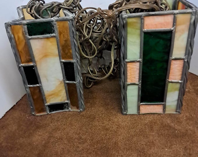 2 Tiffany  Style  Chain Hanging Stained  Glass  Lamps