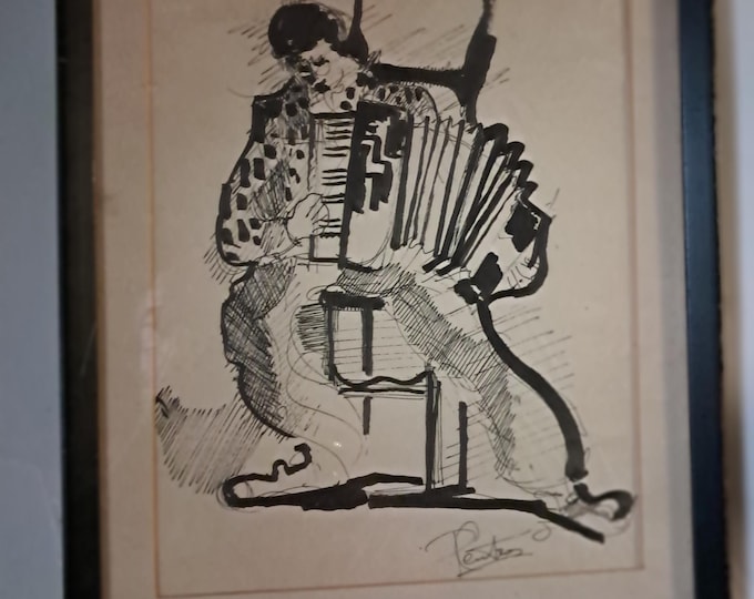 Vintage Accordion Man Art: Original Hand-Drawn Framed Print
