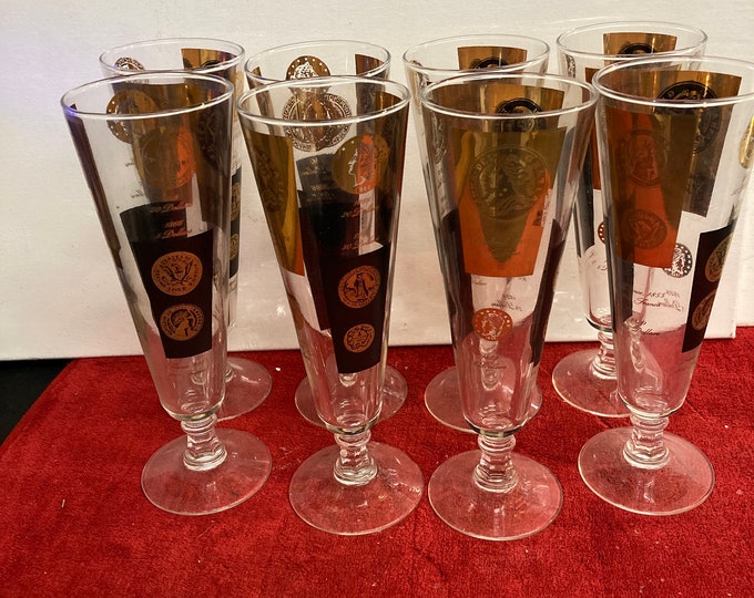 Midcentury vintage Set of 8 pieces , Champage  glasses 1960s gold printed presidential coins.