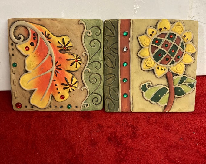 2 Handmade  Floral Clay  Art Panels