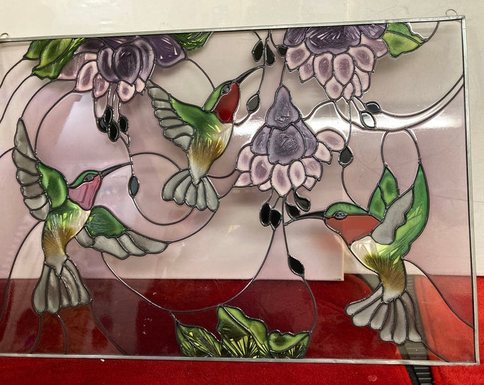 Hummingbirds and Fuchsia Stained Glass Style Art,Hand Painted Plastic Form