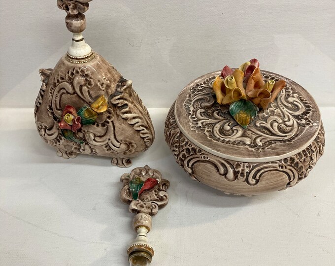 Vintage Perfume Bottle Atomizer And Powder Jar Capodimonte Italian Floral Italy
