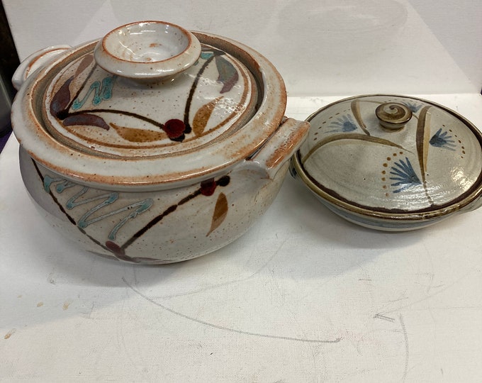 Two Vintage Pottery Stoneware Crock Decorative Blue Grey Bowl,Brown Leaves