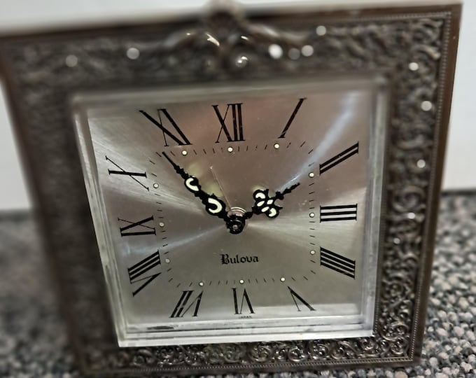 Ornate Bulova Night Stand Alarm Clock w Phosphorescent Hands Made in Japan
