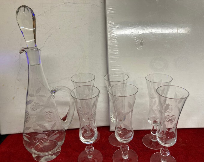 Hand-Cut Crystal Cordial Decanter Set, Antique Floral Glasses