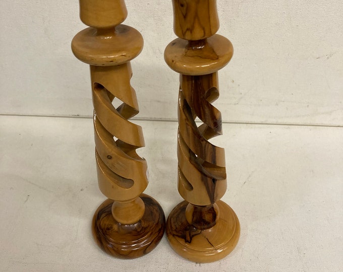 Pair of Olive Wood Spiral Candle Holders from Jerusalem