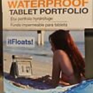 May include: Orange and black packaging for a waterproof tablet portfolio. The text on the packaging reads "WATERPROOF TABLET PORTFOLIO" and "itFloats!". The image on the packaging shows a person in a pool.