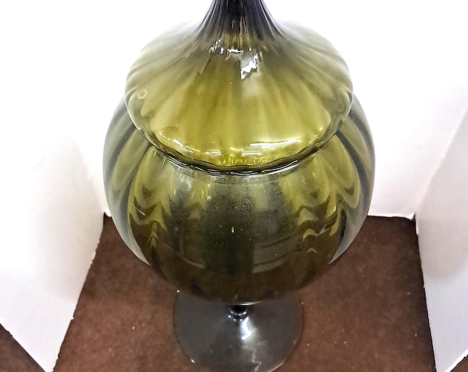 Vintage Empoli Green Olive  Apothecary Candy Jar /Pedestal Dish With Lid