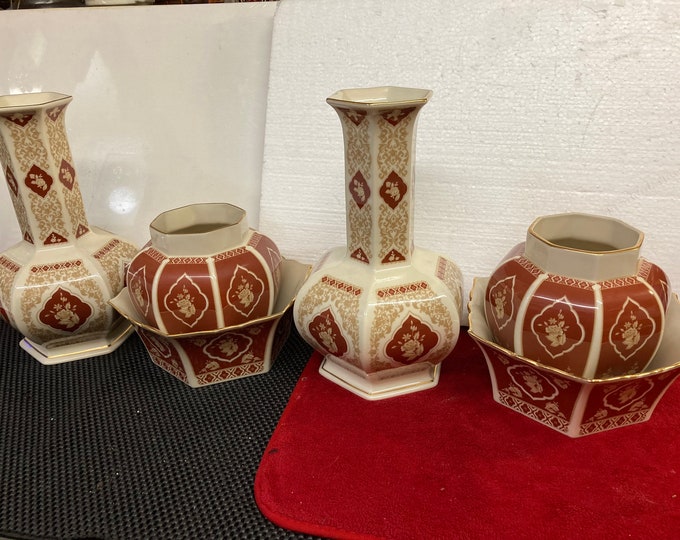 3 Pcs Set Lenox Vase Retired Gold  Cream And Burgundy Color With Gold