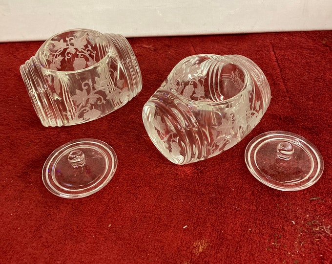 Set of Cut Glass Covered Jelly Condiment Jar – Floral Pattern – Clear Vintage Glass