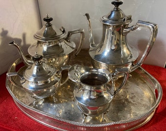 Four Piece  Vintage Crescent  Tea Set, With A  Vintage Silver Plate  CHASED Viners of Sheffield England Tray